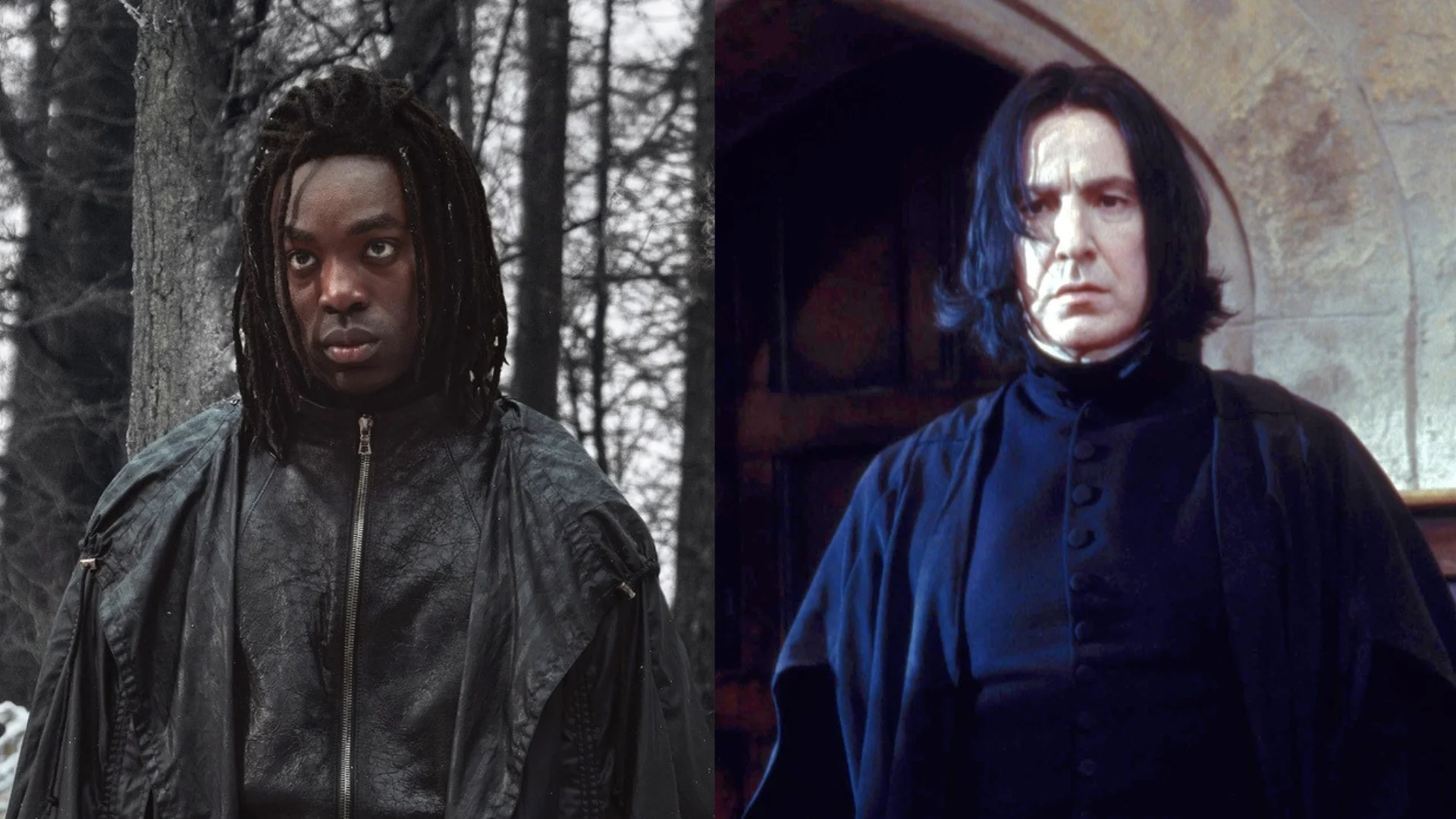 Paapa Essiedu (po lewej) i Alan Rickman (po prawej) w serialu i filmie "Harry Potter i Kamień Filozoficzny"