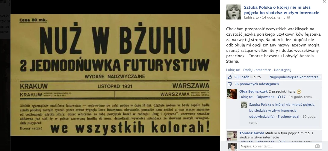 Za błędy językowe autorka przeprasza udostępniając fragment plakatu drugiej Jednodniówki Futurystów, która w całości została napisana fonetycznie.