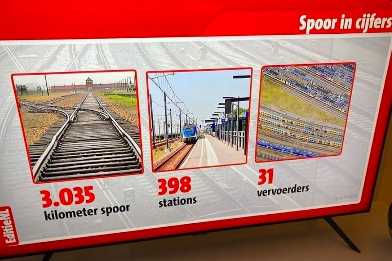 Holenderski program EditieNL do materiału o krajowej kolei użył fotografię torów prowadzących do obozu koncentracyjnego w Oświęcimiu.