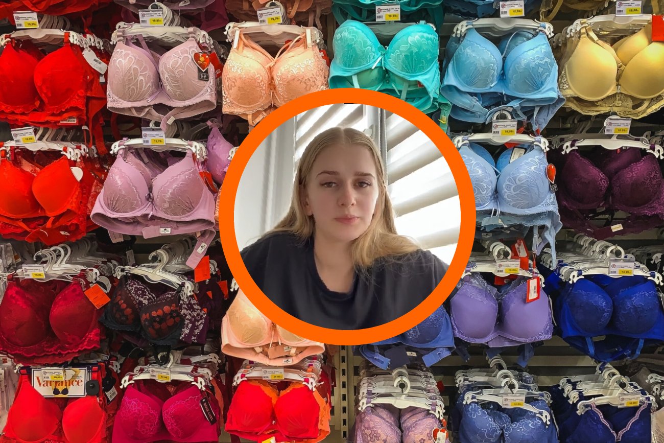 Justyna w pomarańczowym kółku naTemat na tle stoiska ze stanikami. Justyna w pomarańczowym kółku naTemat na tle stoiska ze stanikami.