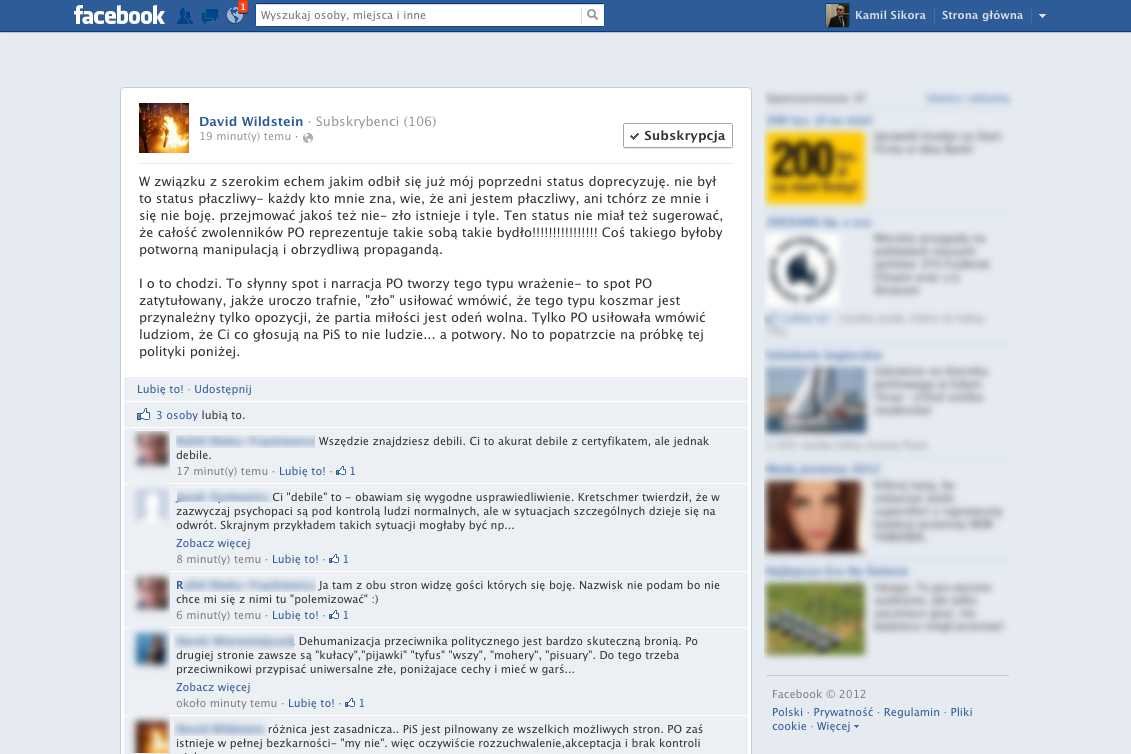 Screen z konta Dawida Wildsteina na Facebooku