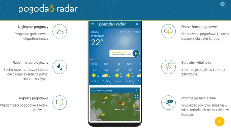 Aplikacja Pogoda i Radar jest dostępna zarówno w wersji darmowej, jak i odpłatnej. Zawiera interaktywny radar meteorologiczny pokazujący m.in. aktualne burze nad Polską i resztą świata. Gdzie jest burza? Sprawdzi to m.in. Aplikacja Pogoda i Radar.