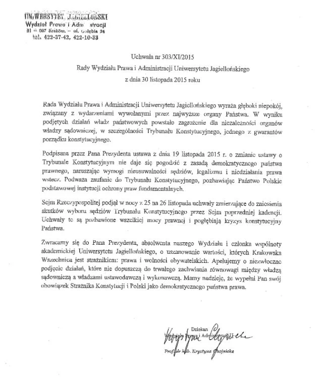 Treść uchwały przesłanej prezydentowi Dudzie.