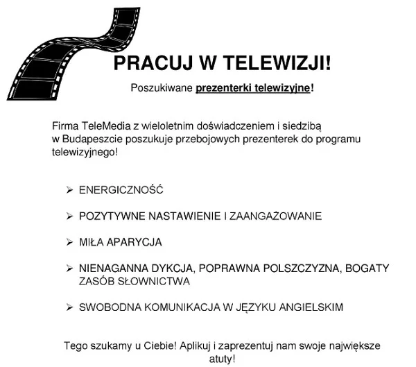 Fragment ogłoszenia o pracę dla prezenterek telewizyjnych.