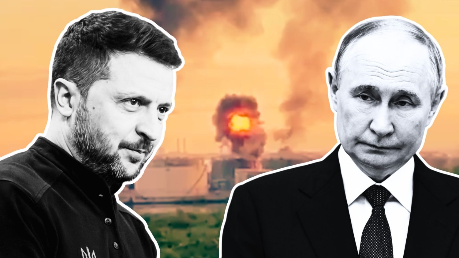 Wołodymyr Zełeński i Władimir Putin, w tle zdjęcie z ataku ukraińskich dronów na Rosję Wołodymyr Zełenski i Władimir Putin na tle zdjęcia z ataku ukraińskich dronów na Rosję