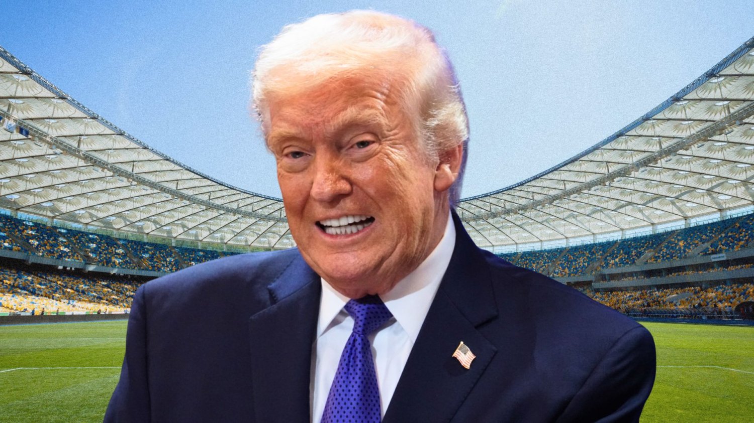 Donald Trump na tle stadionu piłkarskiego