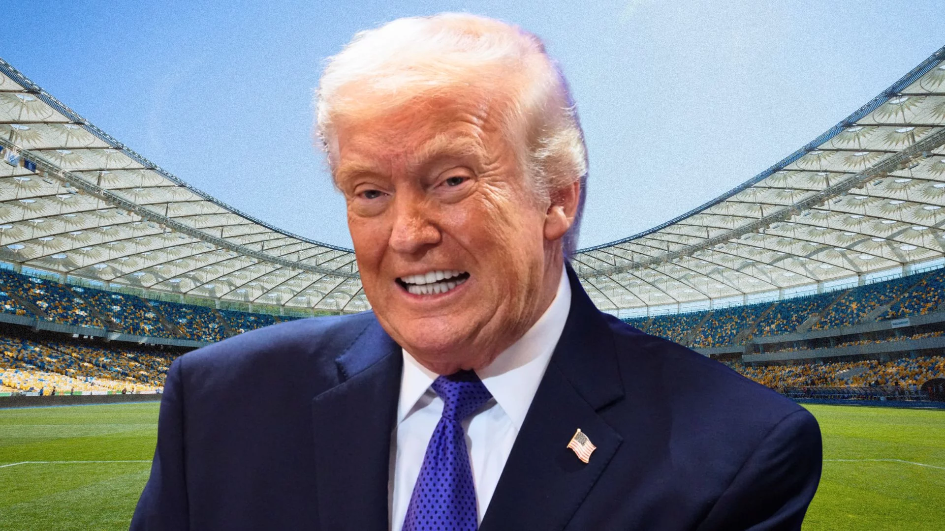 Donald Trump i Pedro Sanchez w finale mundialu 2026 Donald Trump na tle stadionu piłkarskiego