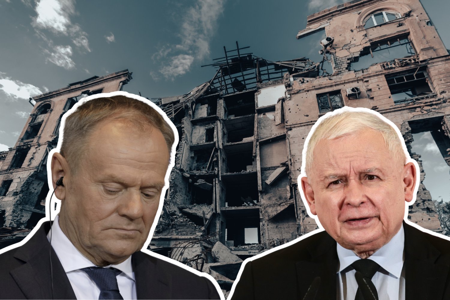 Donald Tusk, Jarosław Kaczyński, w tle ruina na Ukrainie