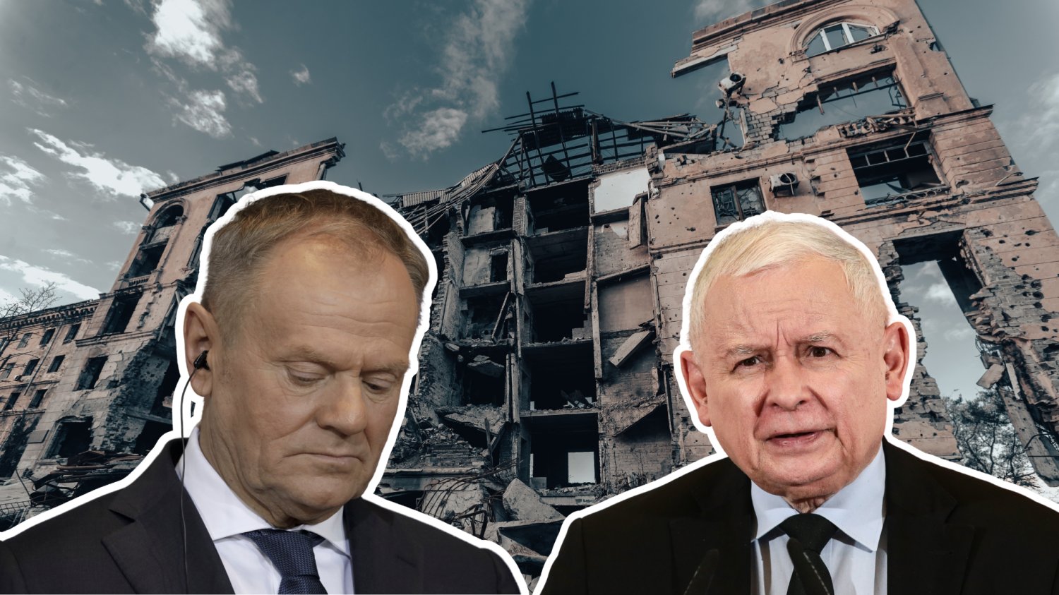 Konferencja Odbudowy Ukrainy może się okazać klęską PiS. Kaczyński gra do innej bramki Donald Tusk, Jarosław Kaczyński, w tle ruina na Ukrainie
