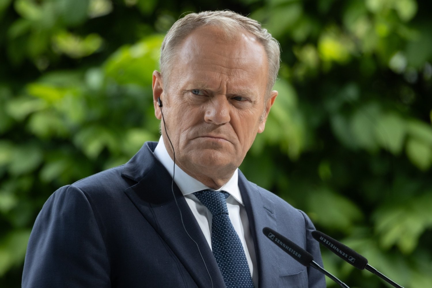 Donald Tusk na tle zielonej roślinności