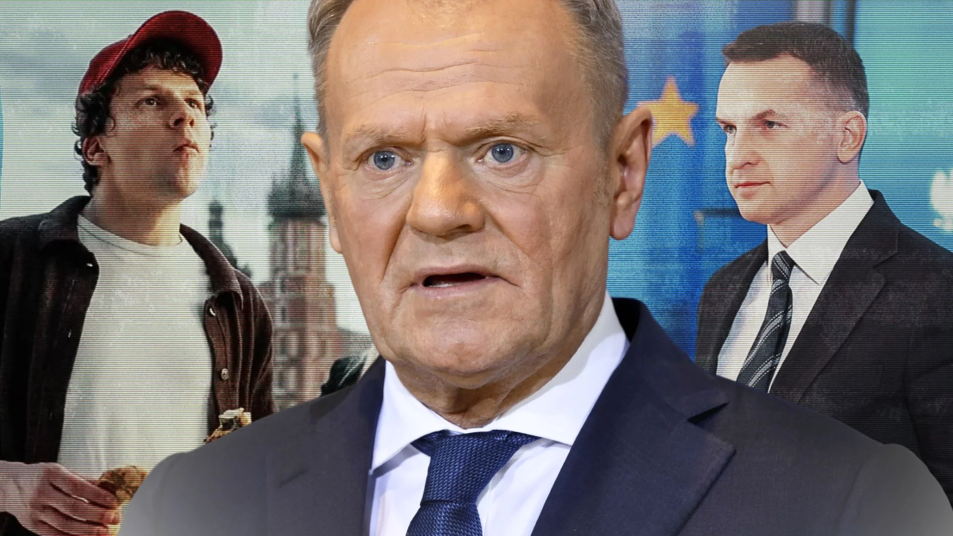 Donald Tusk, w tle spot o Polsce i rzecznik rządu