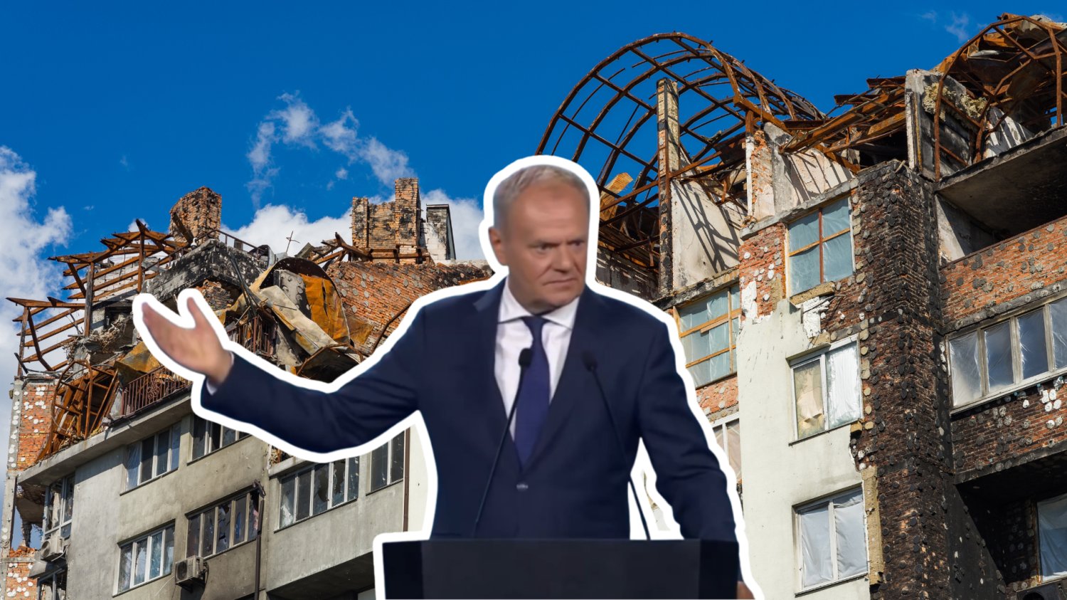 Donald Tusk otworzył Konferencję na rzecz Odbudowy Ukrainy. Donald Tusk, w tle zniszczona Ukraina