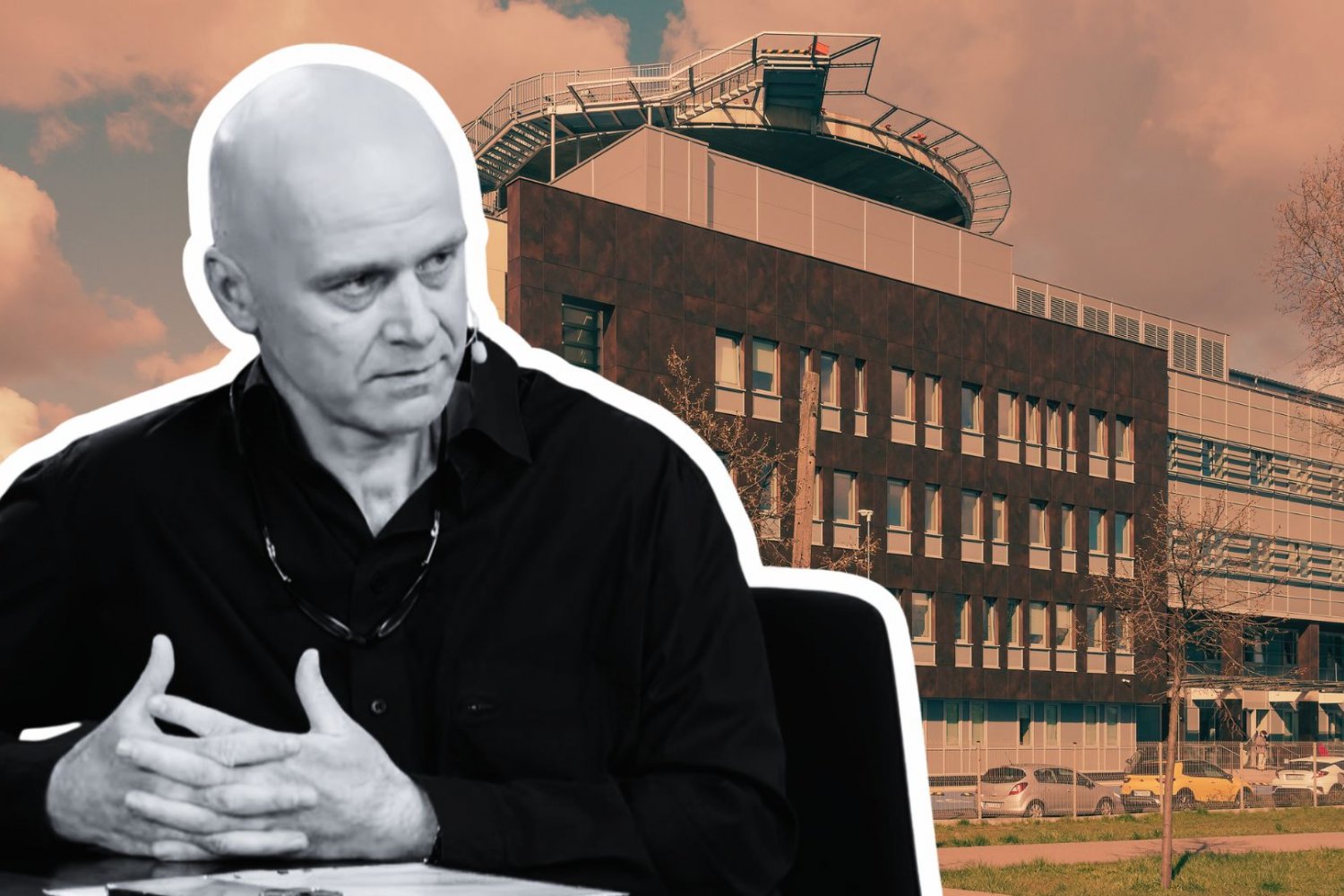 Dr Emil Jędrzejewski na tle Szpitala Południowego w Warszawie