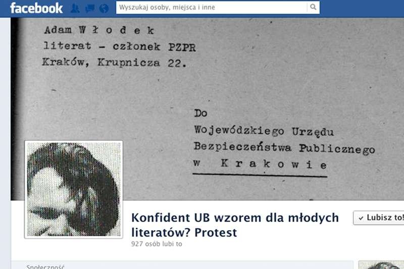 "Konfident UB wzorem dla młodych literatów? Protest" na Facebooku