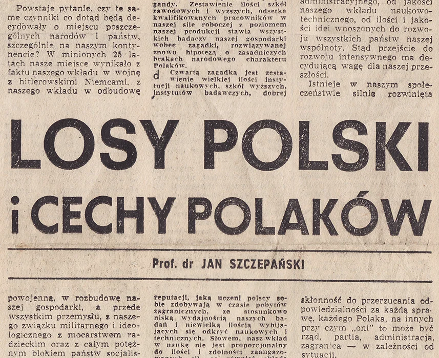 Artykuł "Losy Polski i cechy Polaków" prof. Jana Szczepańskiego.