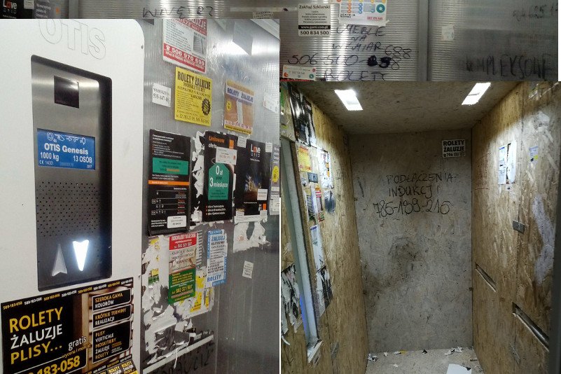 Prawdziwa wojna na ulotki, reklamy i ogłoszenia trwa w windach w nowych blokach.