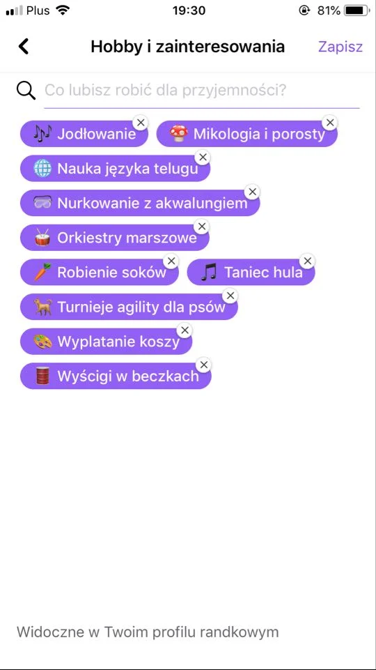 Jedną z opcji uzupełnienia profilu w Randkach Facebooka jest wybór hobby z gotowej listy. Oryginalnych propozycji nie brakuje