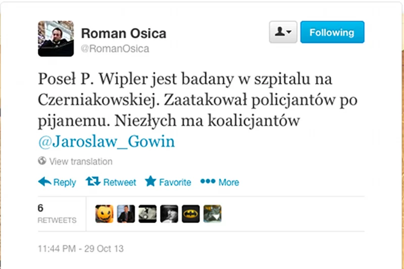 Tweet Romana Osicy dotyczący Wiplera