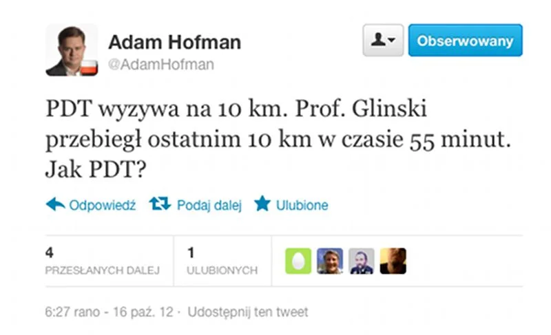 Adam Hofman zgłasza prof. Piotra Glińskiego do biegu z Donaldem Tuskiem na 10 kilometrów