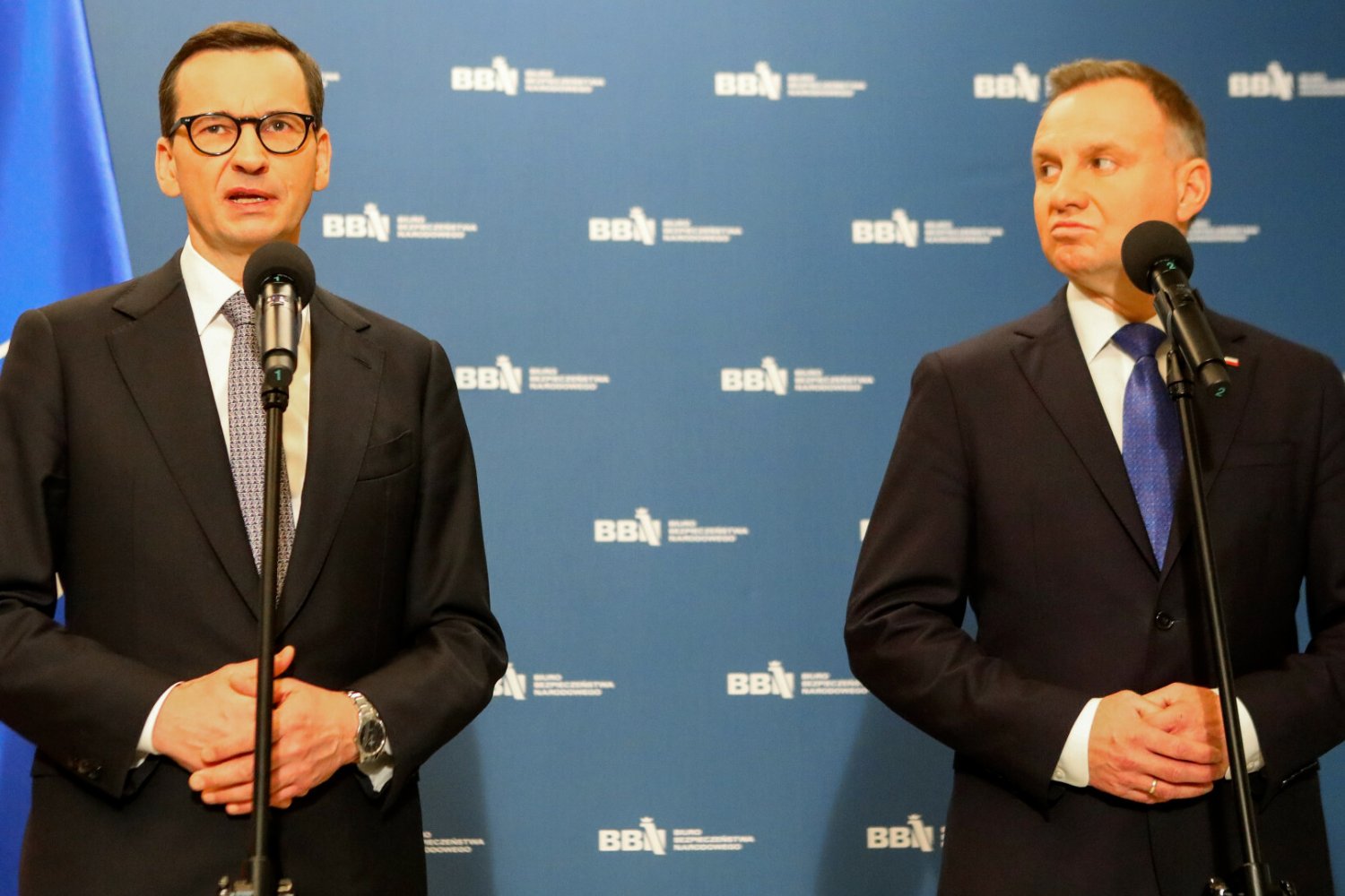 Prezydent Andrzej Duda i premier Mateusz Morawiecki przed posiedzeniem Rady Bezpieczeństwa Narodowego.