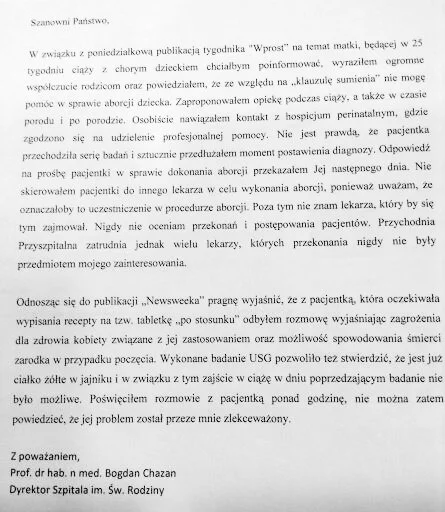 Oświadczenie prof. Bogdana Chazana.