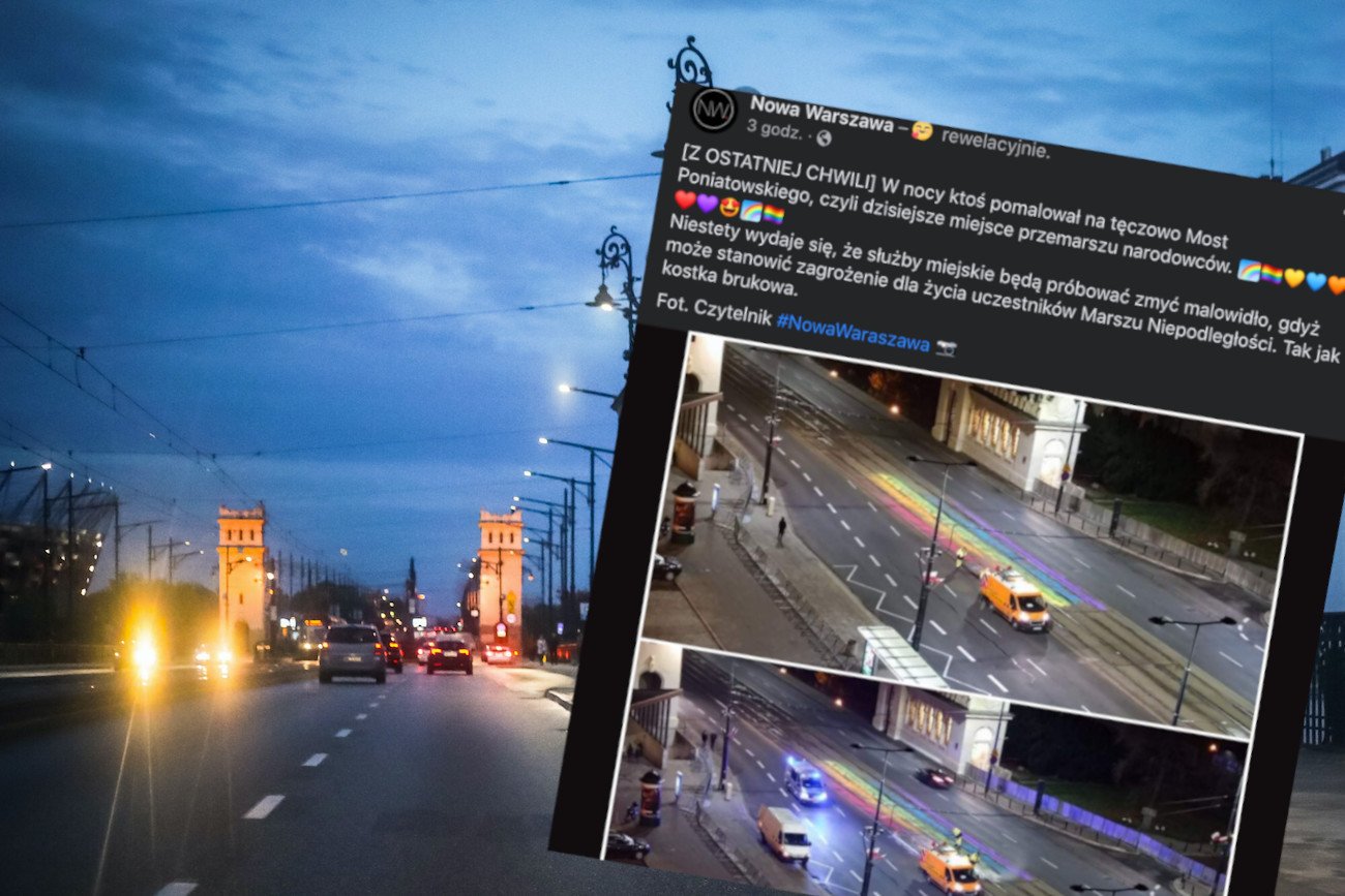 Ktoś pomalował na tęczowo kawałek Mostu Poniatowskiego w Warszawie.