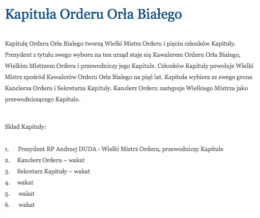 W Kapitule Orderu Orła Białego jest pięć wakatów.