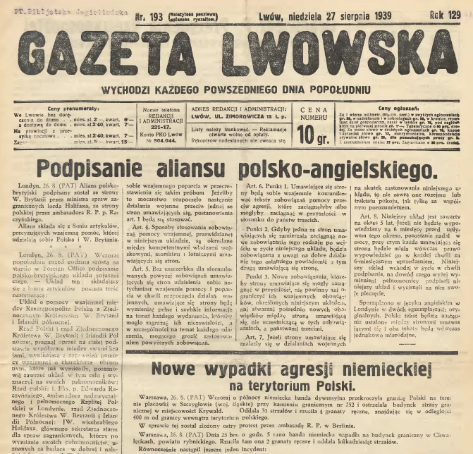 "Gazeta Lwowska" obwieszcza podpisanie sojuszu polsko-brytyjskiego, 26 sierpnia 1939 roku.