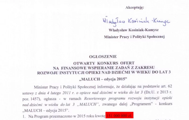 151 mln zł na ten cel przeznaczano już w 2015 r. Wtedy to nie był "Maluch plus" – po prostu "Maluch".