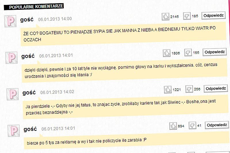 Tak wyglądają najpopularniejsze komentarze na temat zarobków Kasi Tusk na plotkarskim portalu "Pudelek".