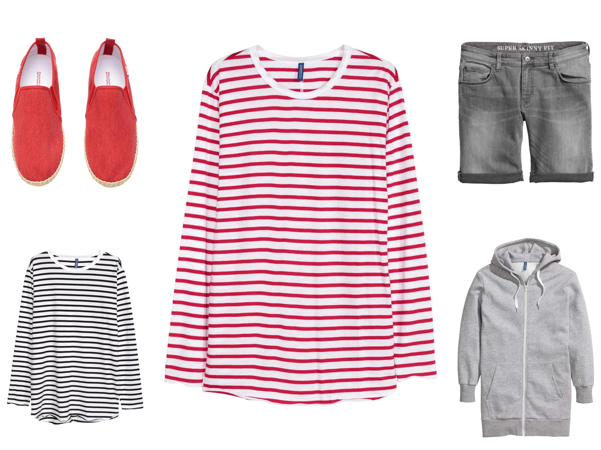 czerwone espadryle H&M 39,90, bluzy w paski H&M 39,90, bluza z kapturem H&M 99,99, szorty H&M 79,90