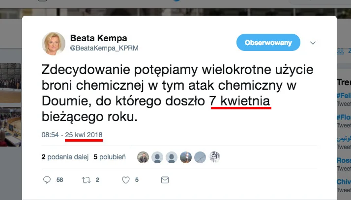 Minister Beata Kempa potępia atak chemiczny przeprowadzony przez syryjskie siły przed trzema tygodniami.
