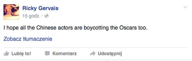 Komik Ricky Gervais i jego komentarz do akcji #OscarsSoWhite