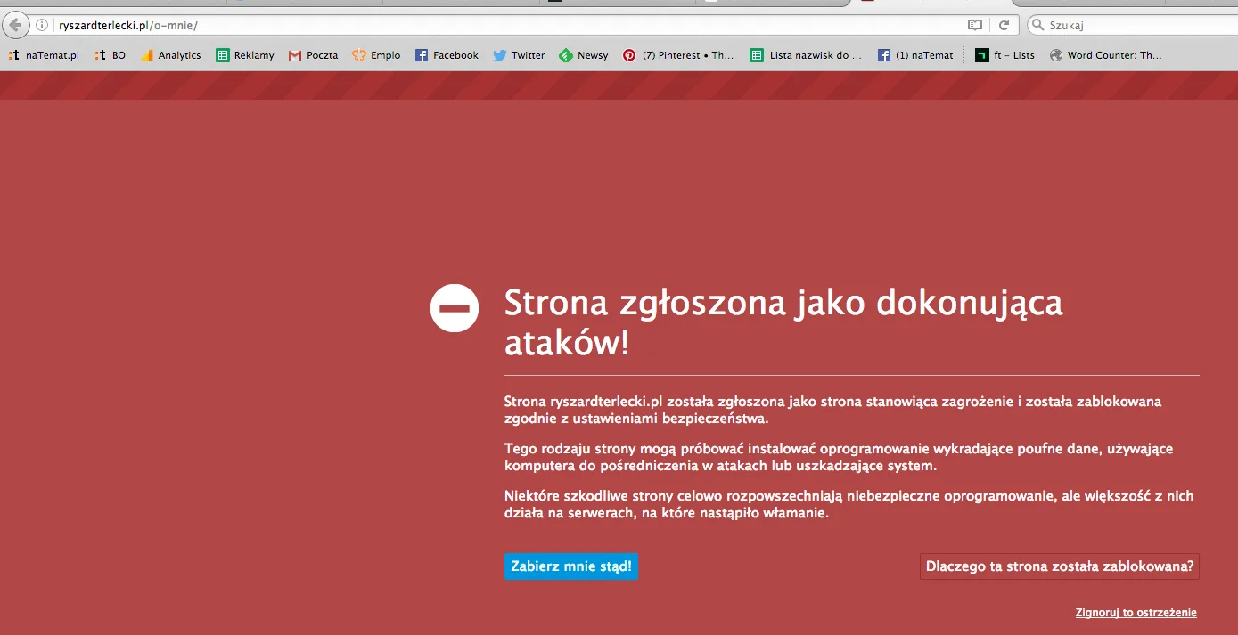 Komunikat ostrzegający przed wejściem na stronę wicemarszałka Terleckiego.