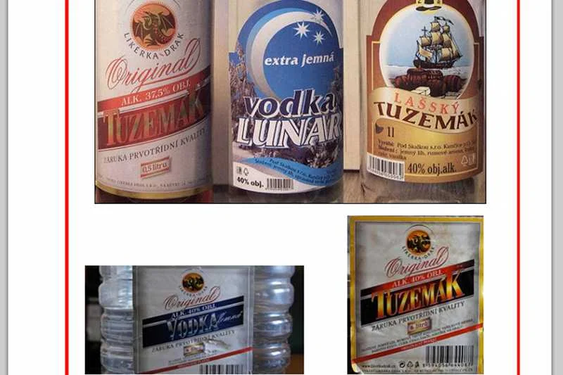 Zdjęcia etykiet podrobionego alkoholu z Czech