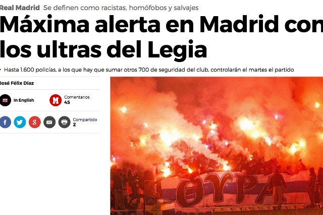 Tekst o groźnych kibicach Legii na portalu "Marca" ilustruje zdjęcie Cypryjczyków.