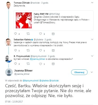 Nowa Prezes Sądu Okręgowego w Warszawie najpierw na Twitterze, potem patrząc w kamerę zaprzeczyła komunikatom resortu sprawiedliwości.