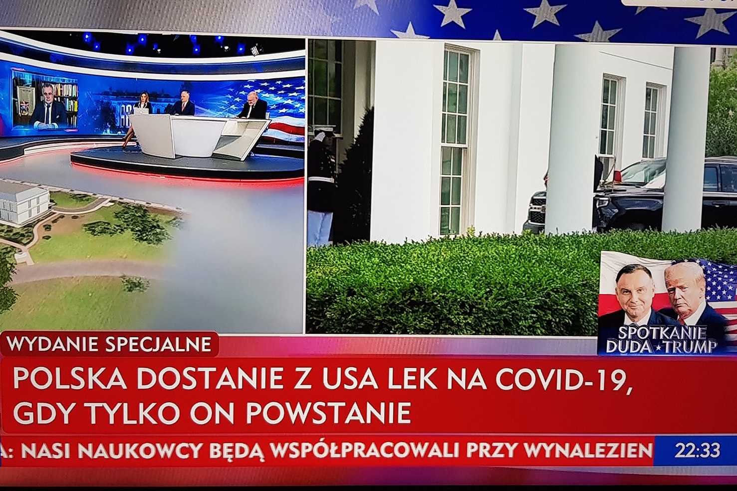 Andrzej Duda poprosił polskich i amerykańskich naukowców o zintensyfikowanie prac nad lekiem na koronawirusa. TVP zareagowała na to paskiem informacyjnym. Polska dostanie lek na covid-19, gdy tylko on powstanie - obwieściła TVP Info.