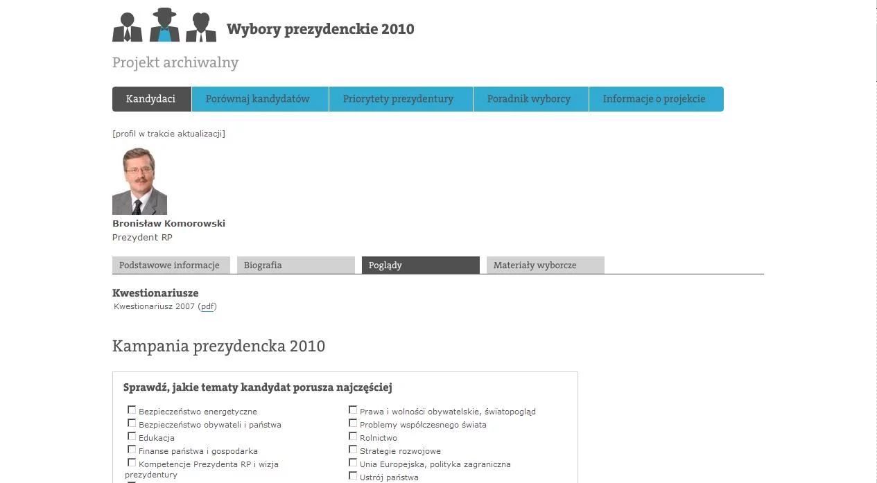 W trakcie kampanii 2010 roku portal MamPrawoWiedziec.pl zbierał głoszone publicznie obietnice i poglądy kandydatów.