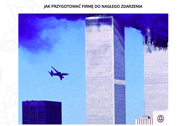 Ministerstwo Spraw Wewnętrznych i Administracji uczy zasad postępowania w razie zagrożenia atakiem. Procedury dla firm ilustruje zdjęciem atakowanego World Trade Center
