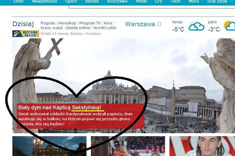 Wpadka Onetu po wyborze papieża: "Biały dym nad kaplicą Sekstyńską"