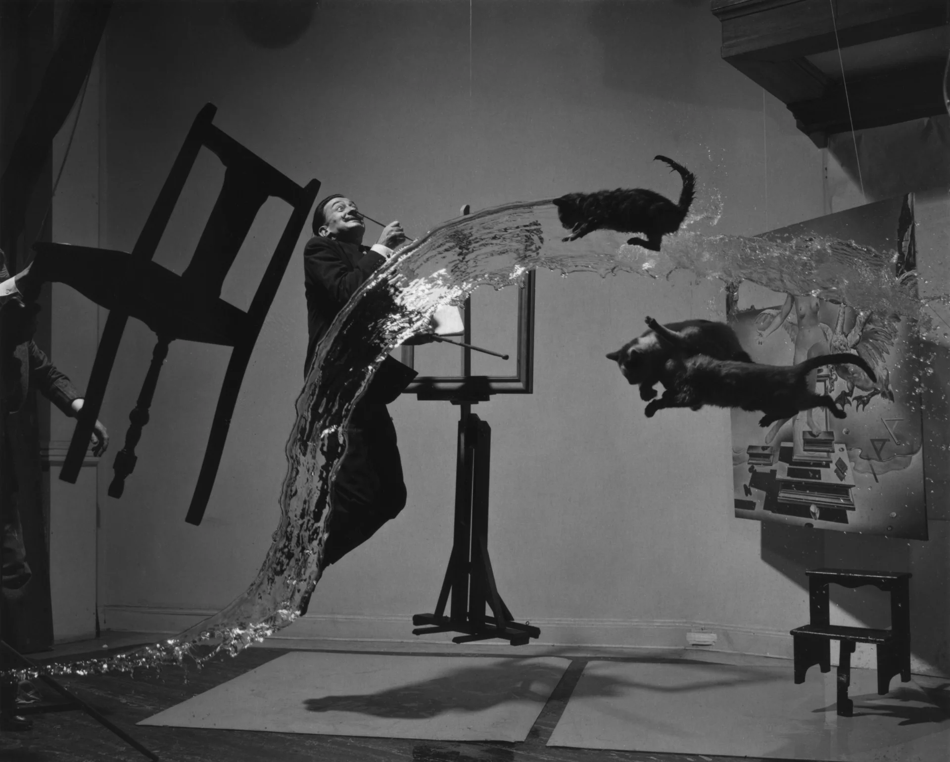 „Dali Atomicus”. Co ciekawe (i nieco straszne), żeby uzyskać efekt x „latających” kotów pomocnicy fotografa kilkunastokrotnie podrzucali żywe zwierzęta.