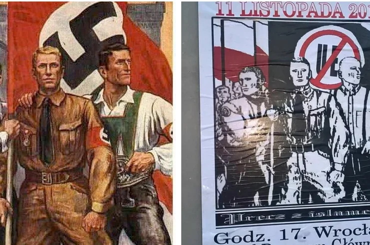 Plakat jest łudząco podobny do tego spod goebelsowskiej propagandy.