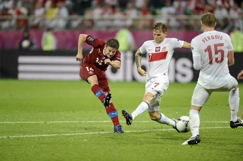 Eugen Polanski (7) i Damien Perquis (15) podczas meczu Polska - Czechy