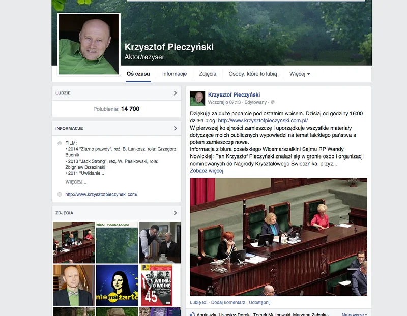 Krzysztof Pieczyński ma grono zwolenników na Facebooku