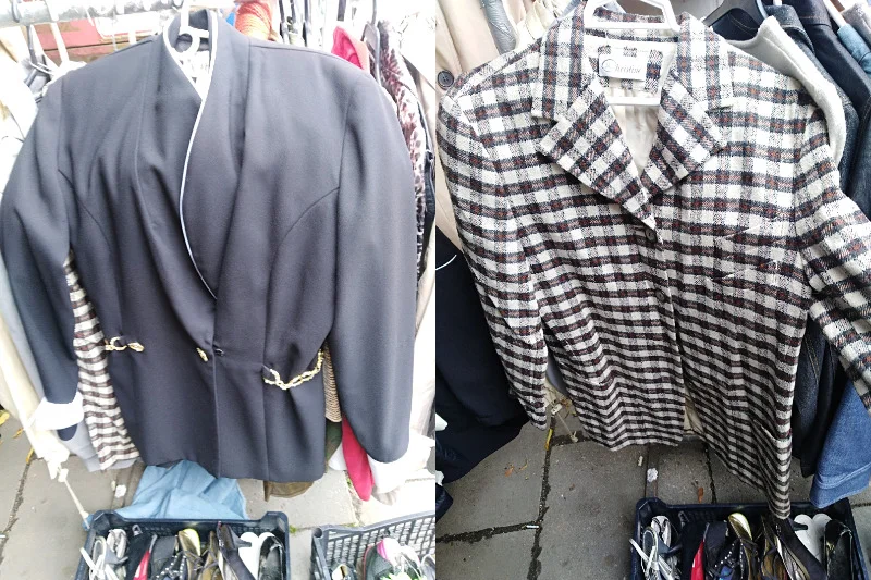 Marynarka w stylu lat 80. i  kraciasty płaszczyk w stylu lat 60.