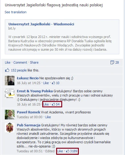 Screen shot ze strony facebookowej UJ, stan na wieczór 20/07/12.