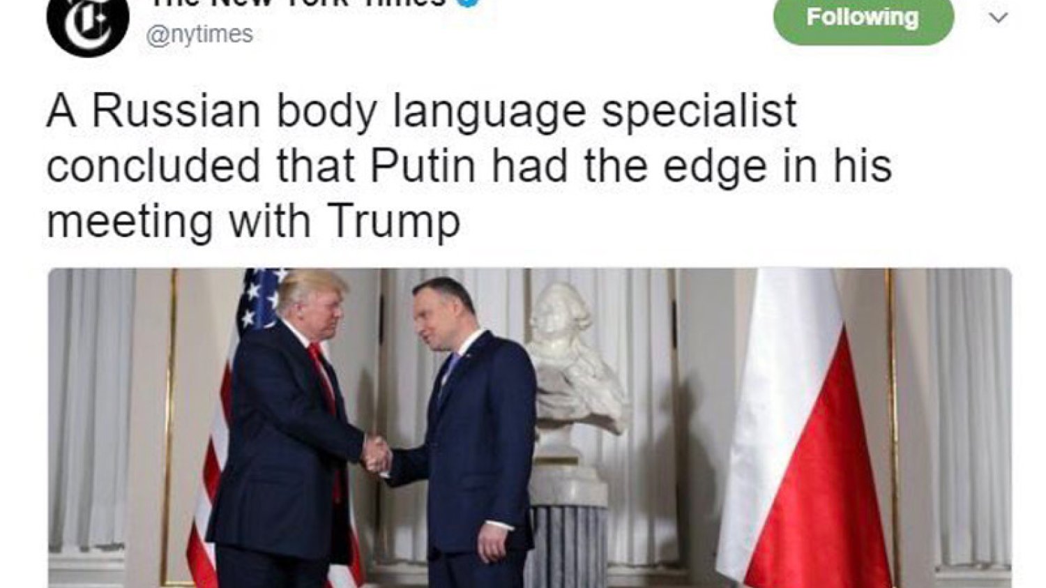 "The New York Times" zaliczył sporą wpadkę. Prezydenta Andrzeja Dudę przedstawiono jako... Władimira Putina.