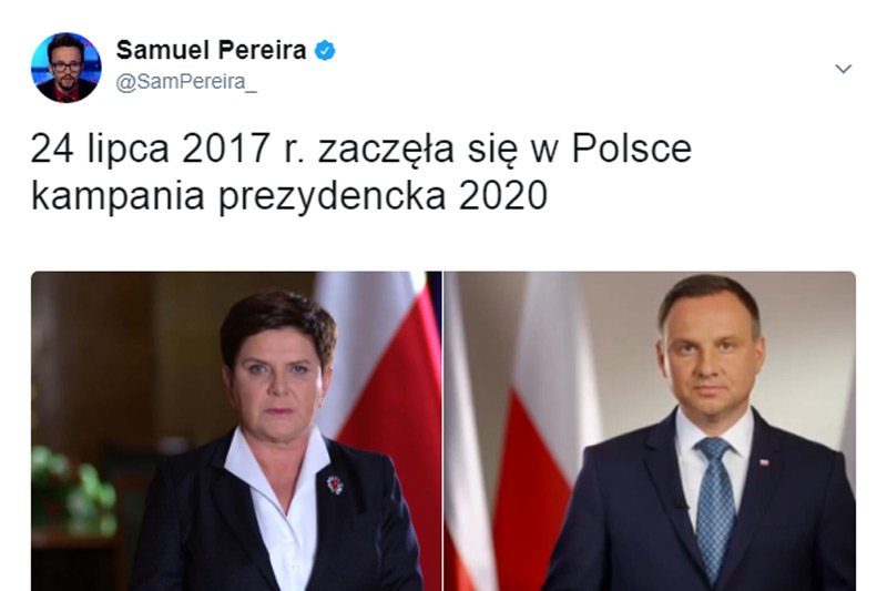 Wywodzący się z twardego elektoratu PiS Samuel Pereira z TVP Info twierdzi, że zaczęła się kampania wyborcza przed wyborami prezydenckimi. I sugeruje, że to Beata Szydło ma rzucić wyzwanie Andrzejowi Dudzie.