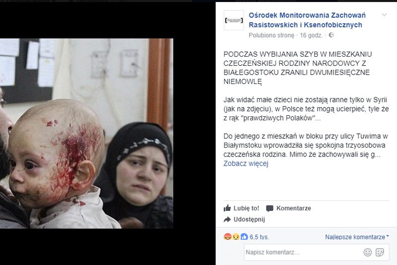 W facebookowym poście Ośrodka Monitorowania Zachowań Rasistowskich i Ksenofobicznych bez żadnego wytłumaczenia wydarzenia z 2013 roku w Polsce zilustrowano zdjęciem ofiar wojny w Syrii. Informacje o tym dodano dopiero, gdy wybuchła burza.